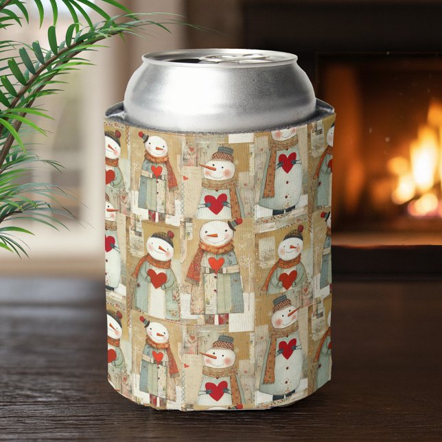 Cute Whimsical Snowman Earth Love Dosenkühler (cute and whimsical can cooler featuring illustrations of snowmen carrying red hearts)