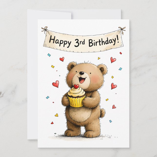 Cute Whimsical Teddy Bear Happy 3rd Birthday Flat Karte (Vorderseite)