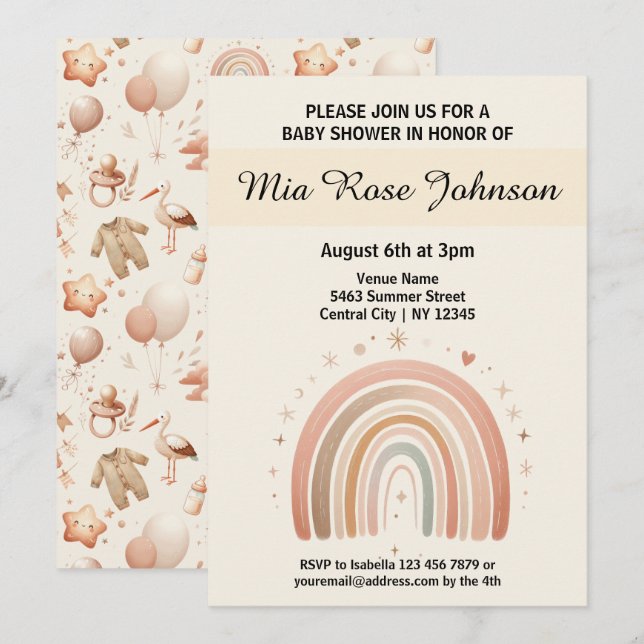 Cute Whimsy Baby shower Pastel Rainbow Invitation (Devant / Derrière)