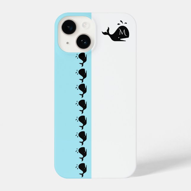 Cute White and Blue Custom Initial Black Whale iPhone 14 Hülle (Rückseite)