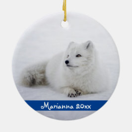 Cute White Arctic Fox in Snow Ceramic Ornament