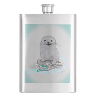 Cute White Baby Sea Otter , Merry Christmas Flachmann