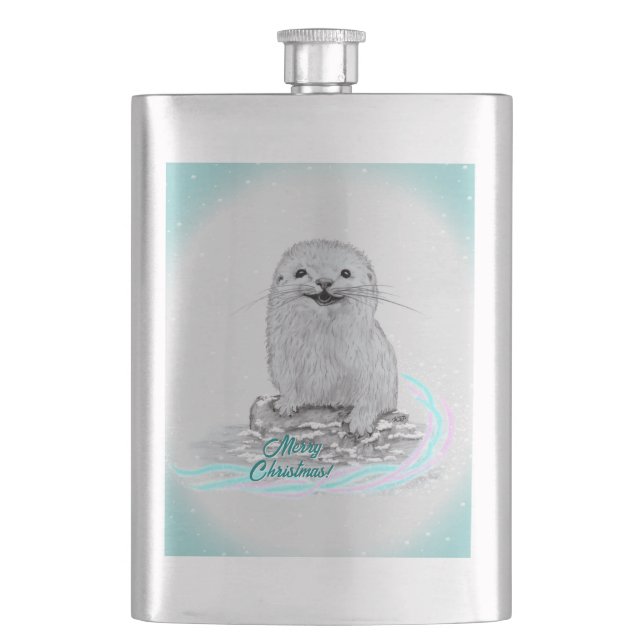 Cute White Baby Sea Otter , Merry Christmas Flachmann (Vorderseite)