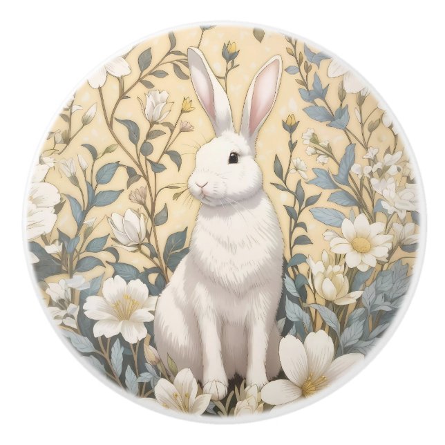 Cute White Bunny Pastel Yellow Floral  Keramikknauf (Vorderseite)