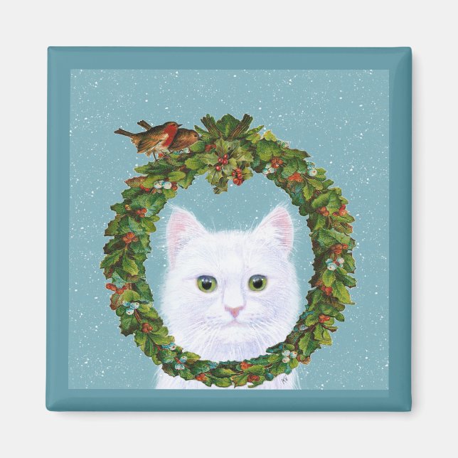 Cute White Cat Birds Christmas Wreath Aimant de ne (Devant)