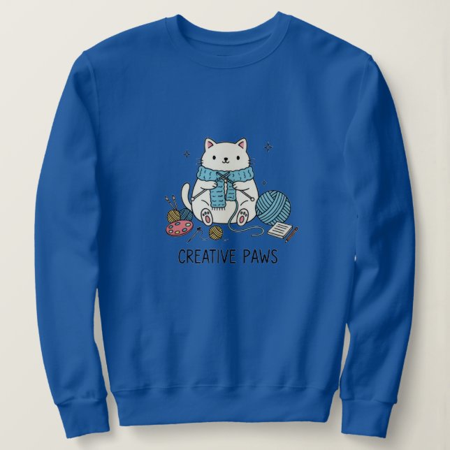 Cute White Cat Knitting Blue Yarn Cozy Design Sweatshirt (Design vorne)
