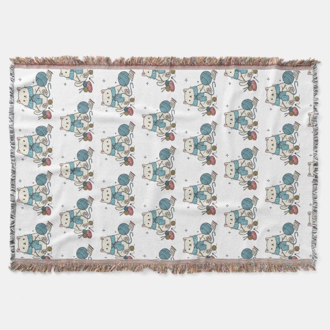 Cute White Cat Knitting Blue Yarn Hobby Graphic Decke (Vorderseite)