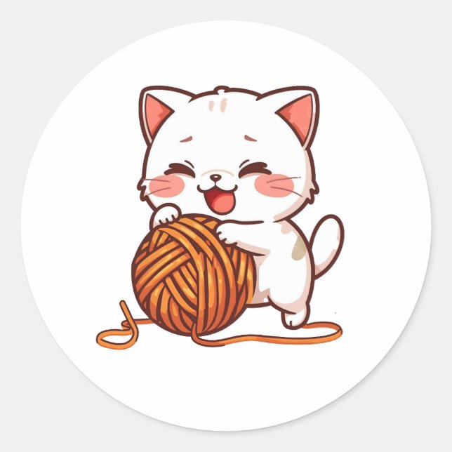 Cute White Cat Playing with Woolen Ball sticker (Devant)