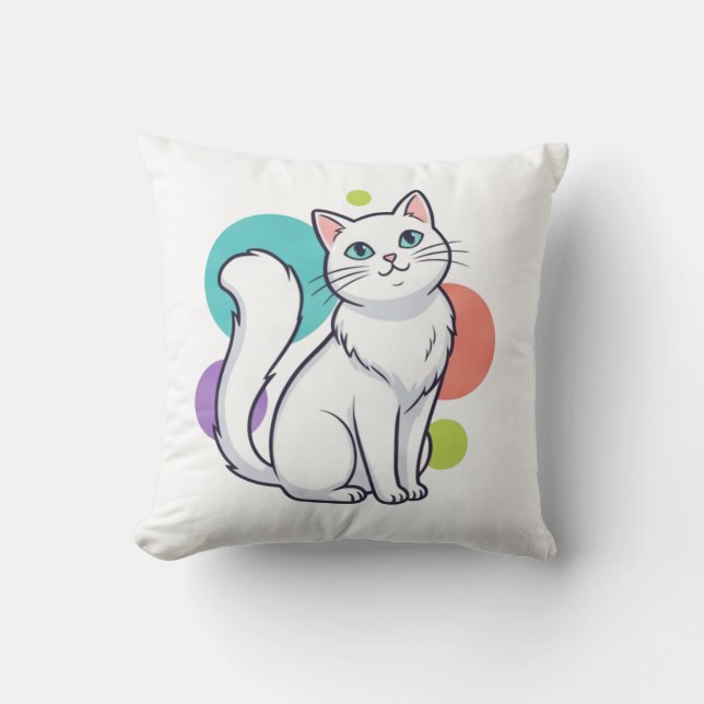 Cute White Cat Sitting Graphic Tee Kissen (Vorderseite)