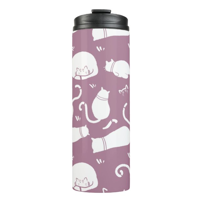 Cute White Cats Pattern on Mauve Background Thermosbecher (Vorderseite)