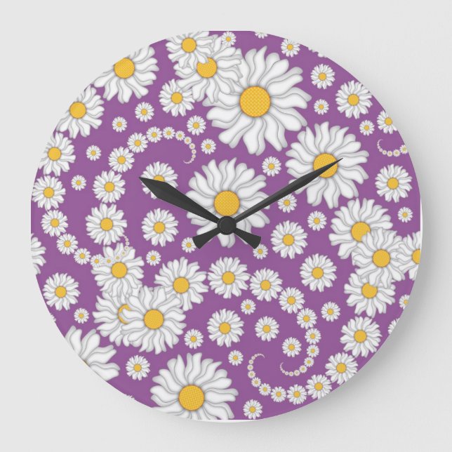 Cute White Daisies on Purple Background Große Wanduhr (Vorderseite)