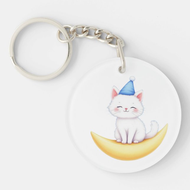 Cute White Kitten on Moon Acrylic Keychain (Devant)