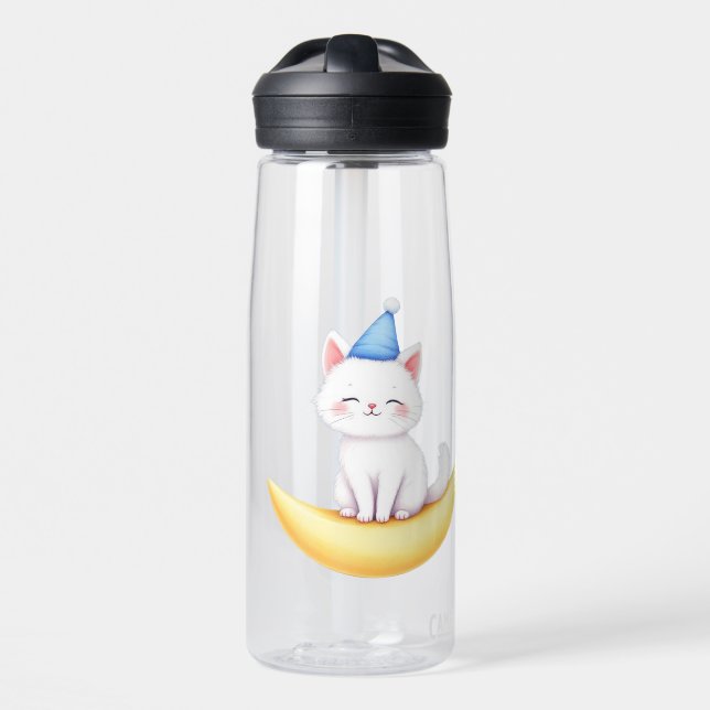 Cute White Kitten on Moon Water Bottle Trinkflasche (Vorne)