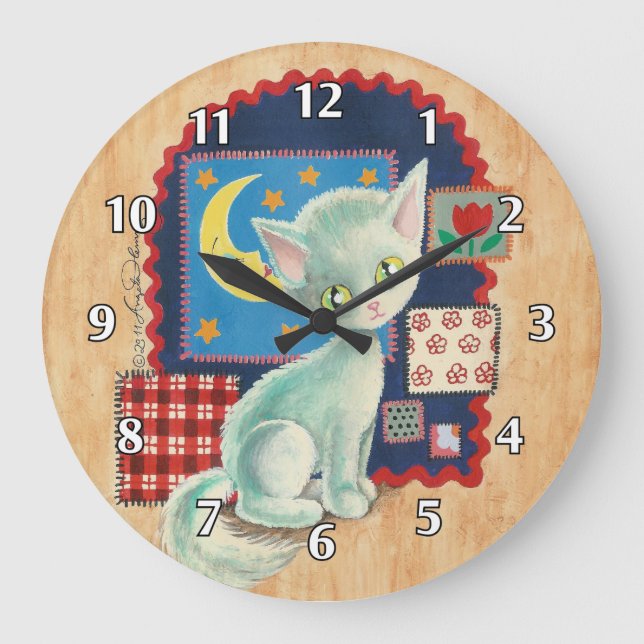 Cute White Kitten und Patchwork Große Wanduhr (Vorderseite)