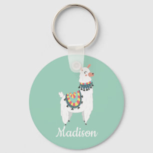 Cute White Llama Mint Green Monogram Name Schlüsselanhänger