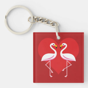 Cute White Pink Flamingos with Red Heart Schlüsselanhänger