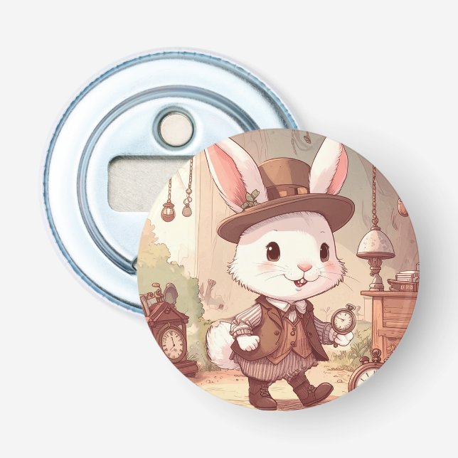 Cute White Rabbit Wonderland Whimsical Timekeeper Flaschenöffner (Vorderseite)