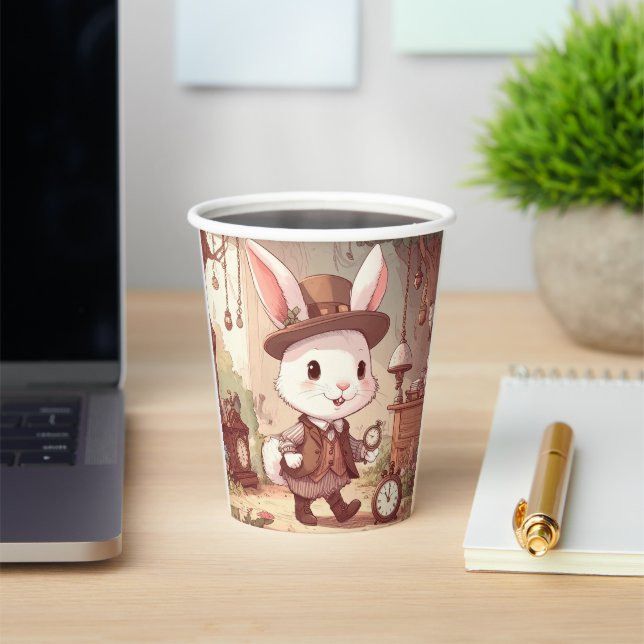 Cute White Rabbit Wonderland Whimsical Timekeeper Pappbecher (InSitu)