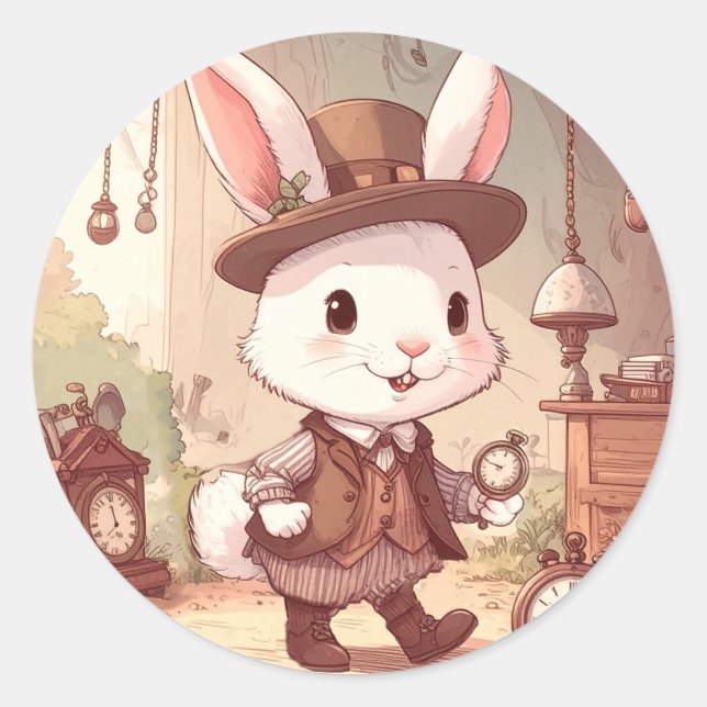 Cute White Rabbit Wonderland Whimsical Timekeeper Runder Aufkleber (Vorderseite)