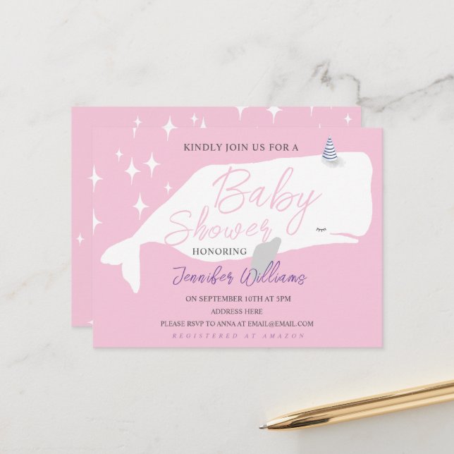 Cute White Whale Girl Baby shower rose Invitation (Devant/Arrière en situation)