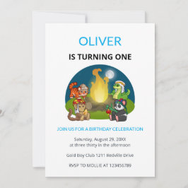 Cute Wild Animals Campfire Kids First Birthday Einladung