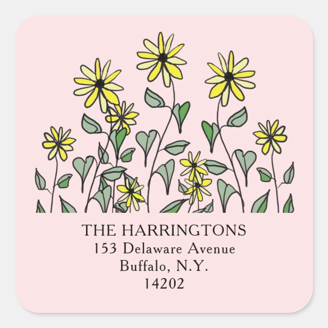 Cute Wildflowers Girly Pink Square Return Address Quadratischer Aufkleber (Vorderseite)