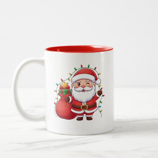 Cute Winking Santa Claus Christmas Lights Mug Zweifarbige Tasse (Links)