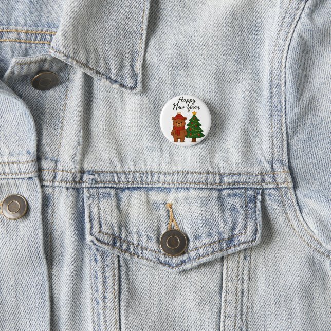 Cute Winter Bear with ChristmasTree Happy New Year Button (Beispiel)