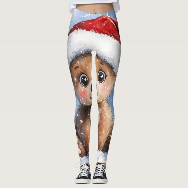 Cute Winter Christmas Santa Bear Cub Watercolor  Leggings (Vorderseite)