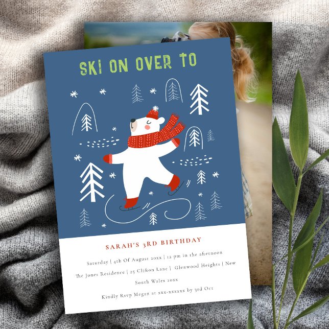 Cute Winter Forest Bear Ski Photo Kids Birthday Einladung (Von Creator hochgeladen)