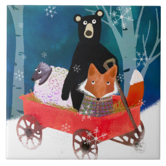 Cute Winter Friends in Red Wagon Ceramic Tile Fliese