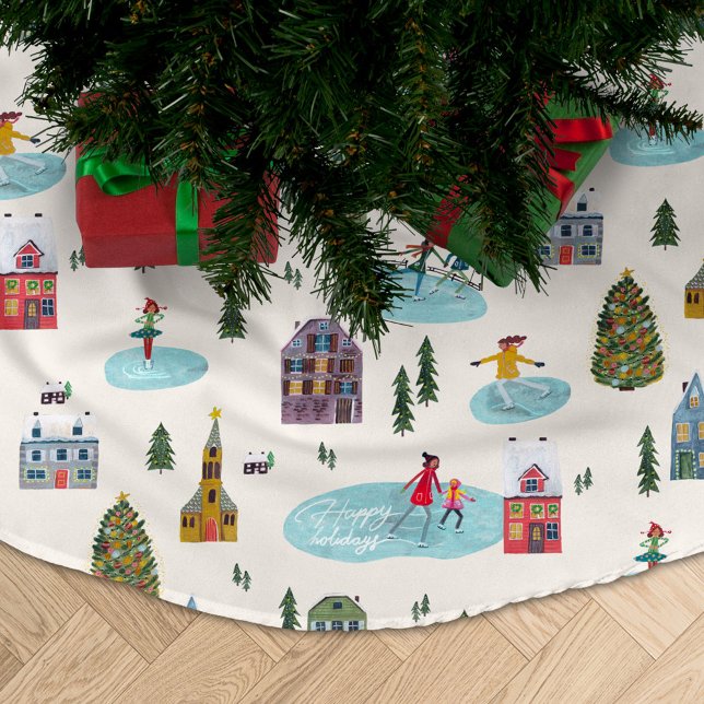 Cute Winter landscape houses skating people Polyester Weihnachtsbaumdecke (Von Creator hochgeladen)