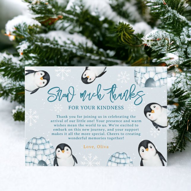 Cute winter penguin igloos snow baby shower dankeskarte (Cute winter penguin igloos snow baby shower thank you card)