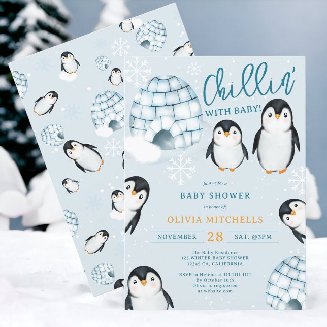 Cute winter penguin igloos snow baby shower einladung (Cute winter penguin igloos winter baby shower invitation)