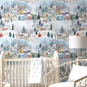 Cute Winter Pine Trees Homes Snow Nursery Room Tapete