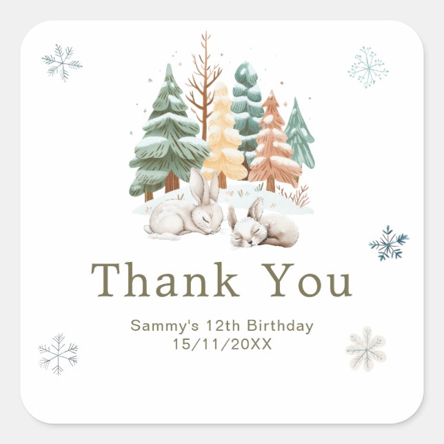 Cute Winter Rabbits Birthday Party Quadratischer Aufkleber (Vorderseite)