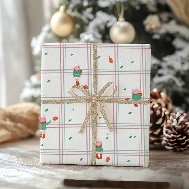 Cute Winter Sheep & Pinecones on Mint-Coral Plaid Geschenkpapier (Von Creator hochgeladen)