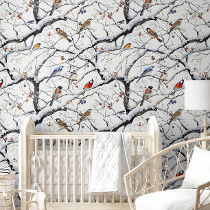 Cute Winter Tree Birds Berries Nature Nursery Room Tapete