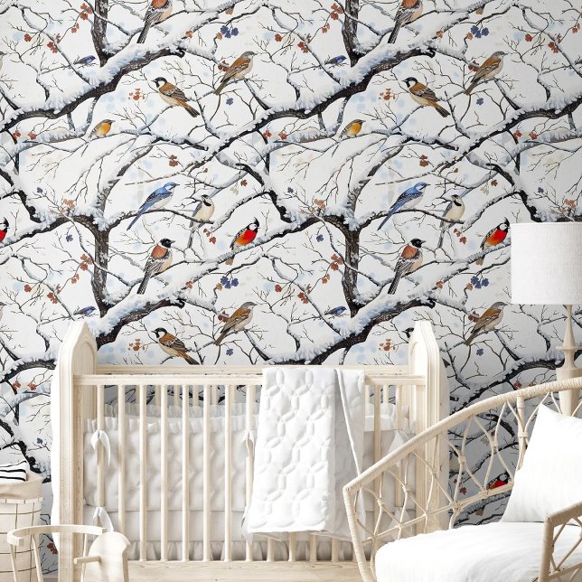 Cute Winter Tree Birds Berries Nature Nursery Room Tapete (Cute Winter Tree Birds Berries Nature Nursery Room Wallpaper)
