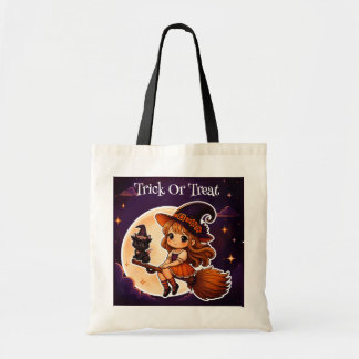 Cute Witch and Black Cat Halloween Tote Bag