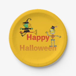 Cute Witch and Skeleton Halloween Fun Pappteller