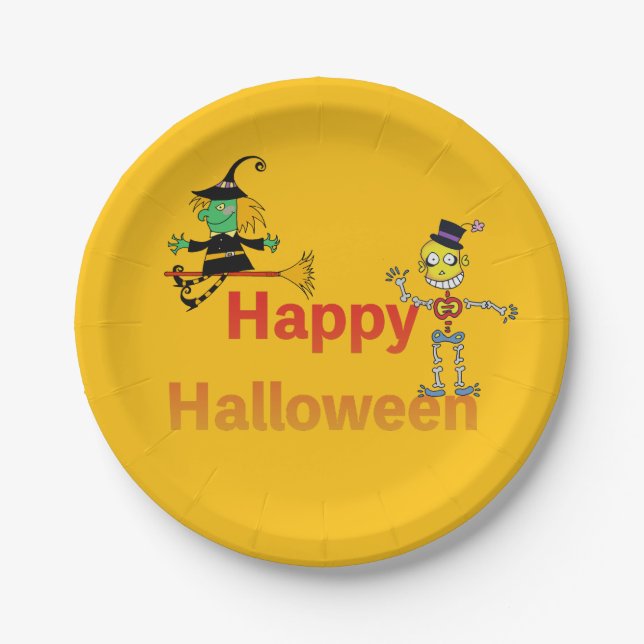 Cute Witch and Skeleton Halloween Fun Pappteller (Vorderseite)