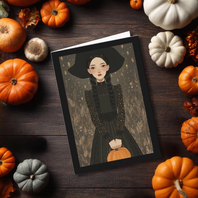 Cute Witch Girl Hat & Pumpkin Kids Halloween Karte (Von Creator hochgeladen)
