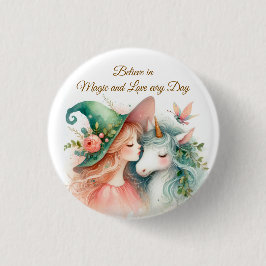 Cute Witch Unicorn Pin Magic Watercolor Fantasy Button