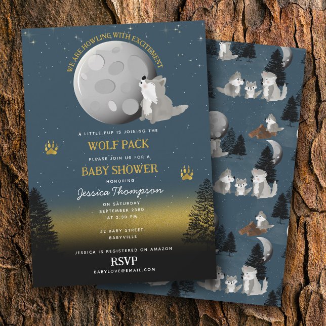 Cute Wolf Pack Woodland Moon Howling Baby Shower Einladung (Cute Wolf Pack Woodland Moon Howling Baby Shower Invitation)