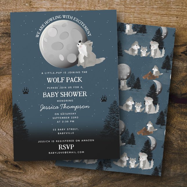 Cute Wolf Pack Woodland Moon Howling Baby Shower Einladung (Cute Wolf Pack Woodland Moon Howling Baby Shower Invitation)