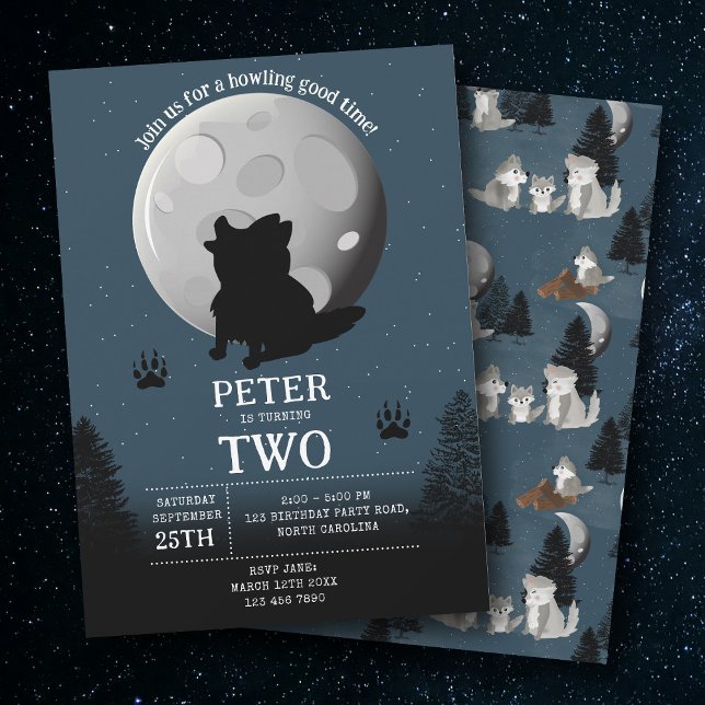 Cute Wolf Pack Woodland Moon Howling Birthday Einladung (Cute Wolf Pack Woodland Moon Howling Birthday Invitation)