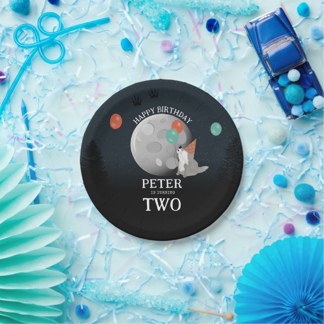 Cute Wolf Pack Woodland Moon Howling Birthday Pappteller (Party)