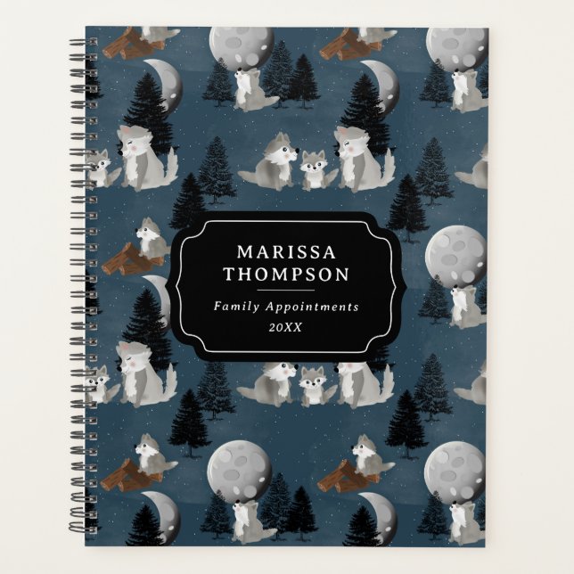 Cute Wolf Pack Woodland Night Sky Moon Family Planer (Vorderseite)