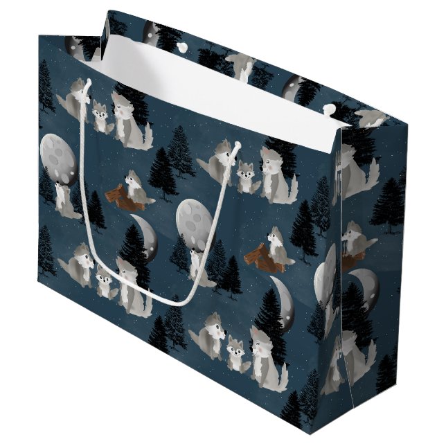Cute Wolf Pack Woodland Night Sky Moon Große Geschenktüte (Vorderseite Schrägansicht)